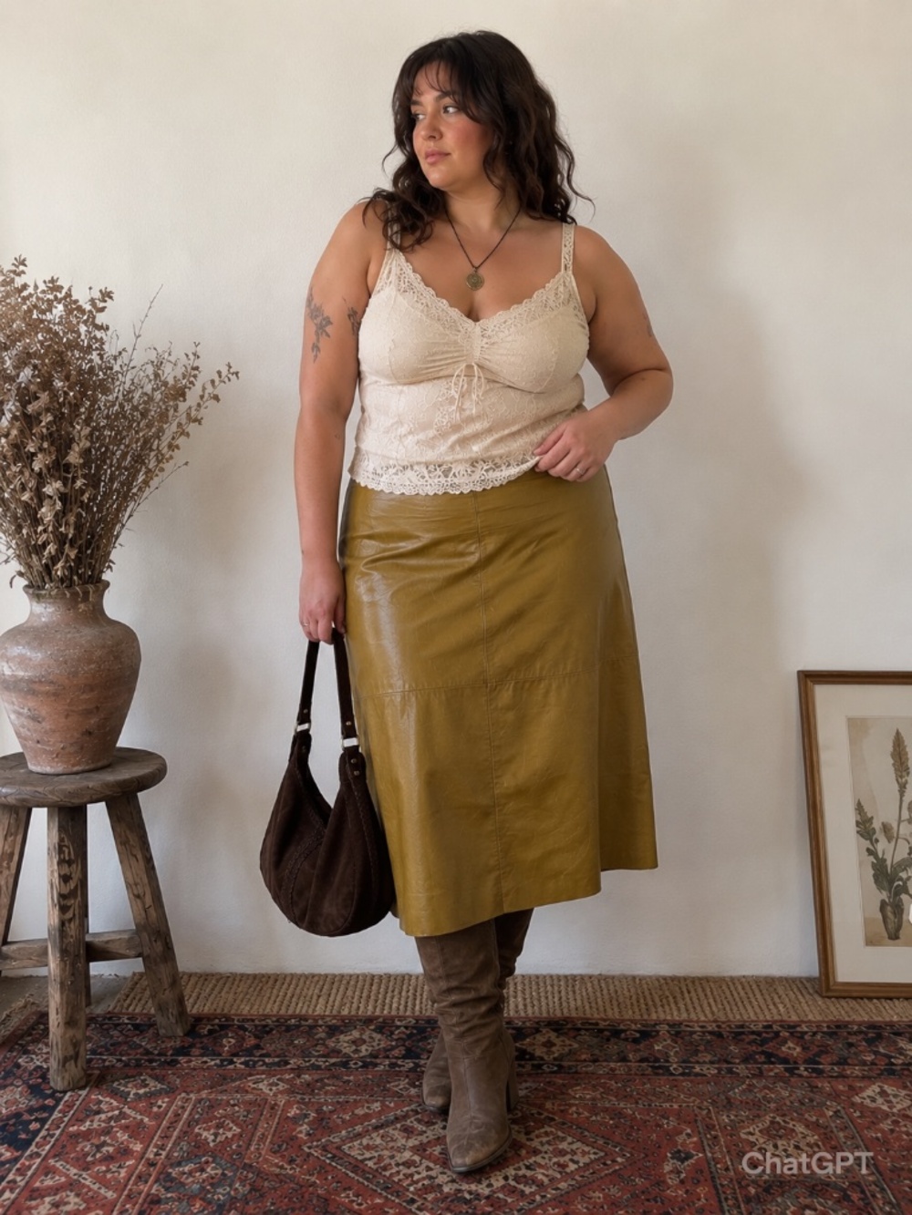 Vintage GAP Olive Green Genuine Leather Midi Skirt Women's Size 14 Y2K